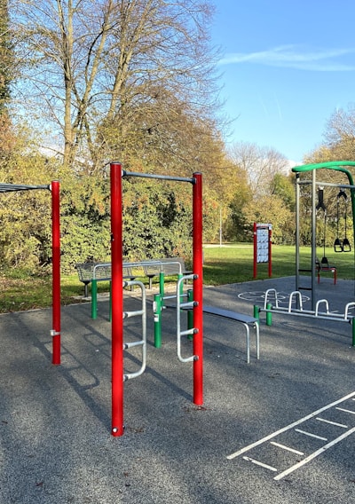 An outdoor fitness park surrounded by trees features various exercise stations with equipment like bars and rings. The area is bordered by lush green grass and there are tall trees with autumn-colored leaves in the background. The sky is clear and blue, creating a serene environment ideal for workouts.
